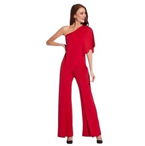 Adrianna Papell Chic Red One Shoulder Flutter Sleeve Jumpsuit Holidays Bold 10